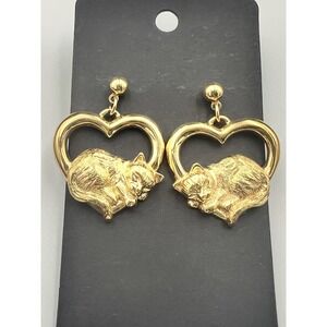 Vintage Avon‎ Gold Tone Sleeping Cat Heart Drop Earrings Small Cottagecore 90s